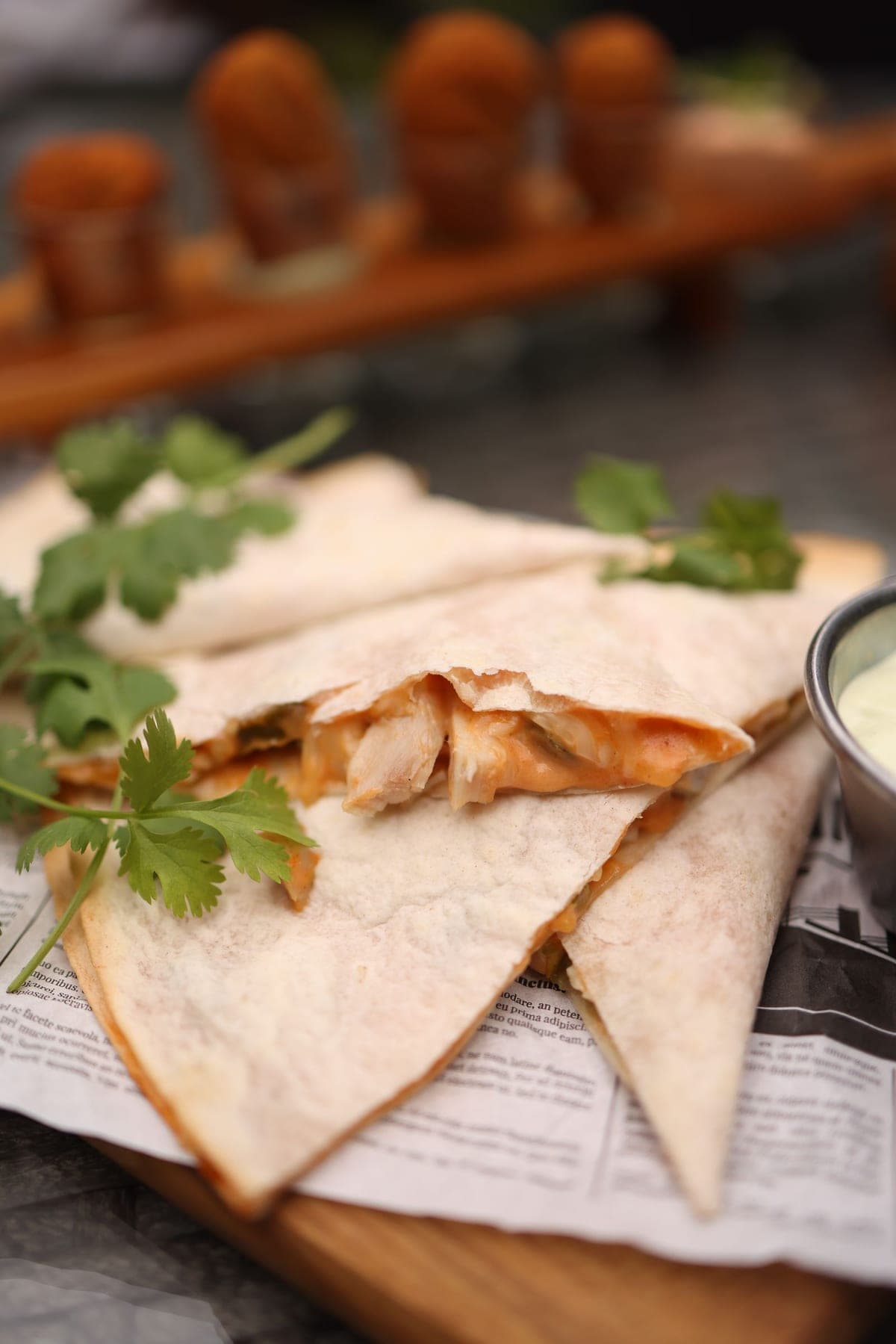 Chicken quesadilla cut into wedges